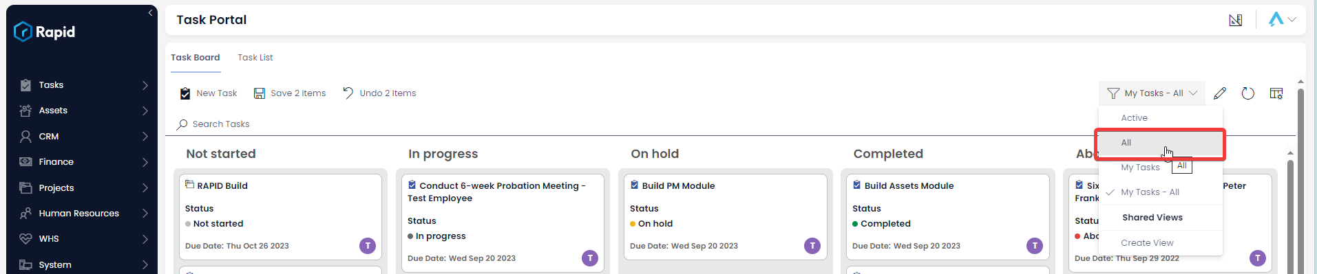 A screenshot showing the user changing their view on the Task Board to the &quot;All&quot; view. The user&#39;s mouse is hovering over this option in the drop down menu. The screenshot is annotated with a red box to highlight which drop-down menu item is being selected.
